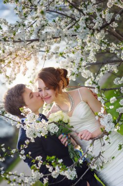 Gelin ve damat çiçek açması içinde yürüyüş Bahçe bahar