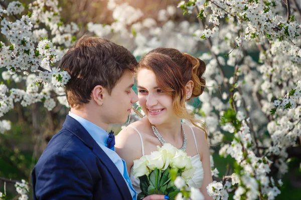 Mariée et marié marchant dans le jardin fleuri du printemps — Photo