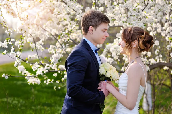 Bride and groom look at each other in the blossoming spring garden — Stock Photo, Image