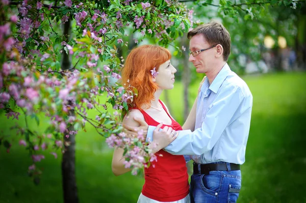 Jeune couple amoureux marchant au jardin fleuri du printemps — Photo