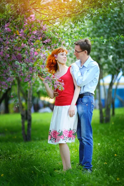 Joven pareja enamorada caminando en el floreciente jardín de primavera —  Fotos de Stock