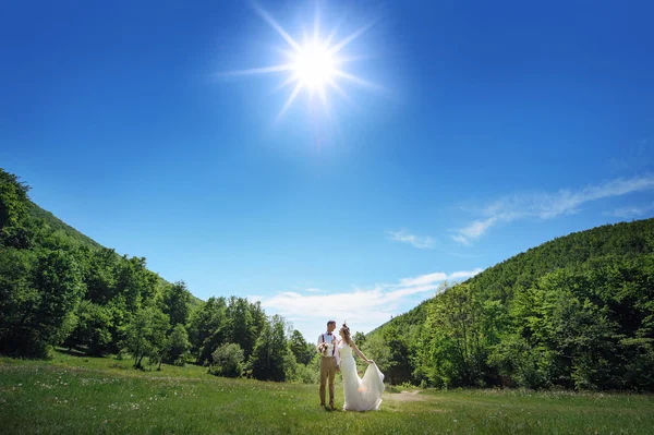 Bride and groom on the background of forest and blue sky — Stock Photo, Image