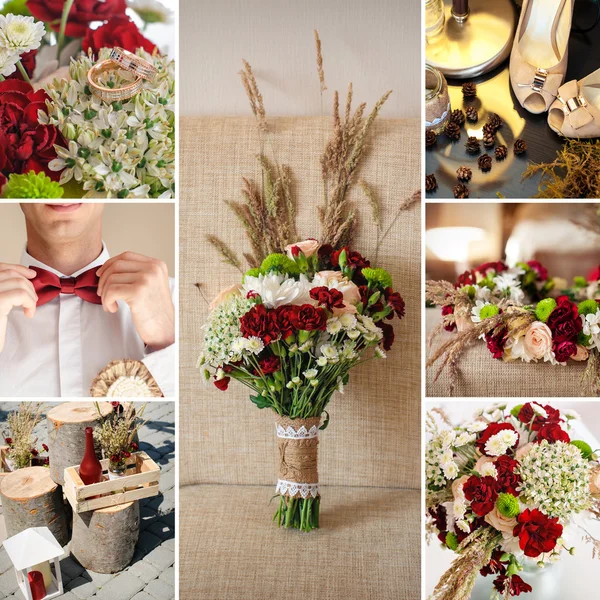 Kırmızı çiçekler güzel düğün buket kolaj — Stok fotoğraf