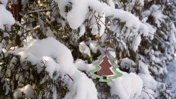 Kerstversiering opknoping op een kerst met sneeuw bedekte boom — Stockvideo