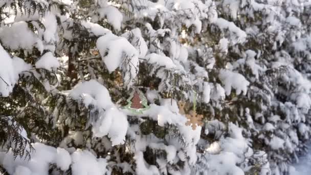 Juldekorationer hängande på en snötäckt julgran — Stockvideo