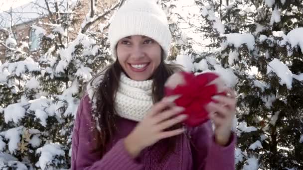 Krásná žena, která drží dar v podobě srdce — Stock video