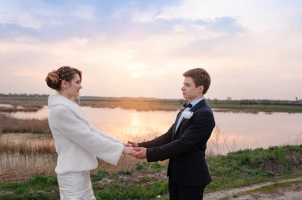 Bride and groom on the background of the lake — Stock Photo, Image