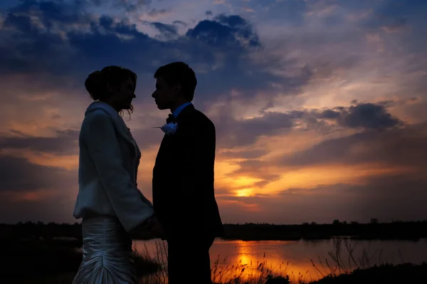 Gelin ve damat akşam göle arka plan üzerinde silüeti — Stok fotoğraf