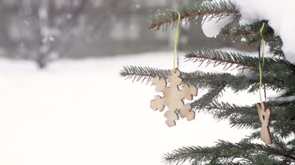 Krásná dřevěná hračka v podobě vloček visí — Stock video