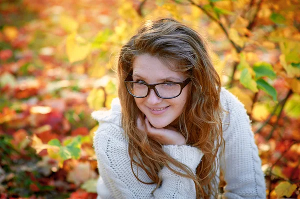 Beautiful woman in glasses sitting on yellow leaves — Stock Photo, Image