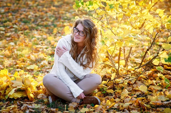 Beautiful woman in glasses sitting on yellow leaves — Stock Photo, Image