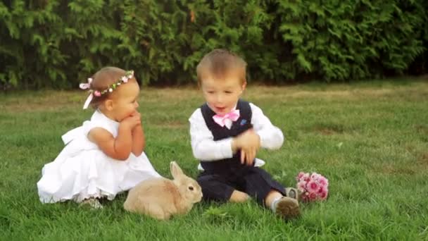 Niño y niña jugando con un conejo en un prado — Vídeo de stock