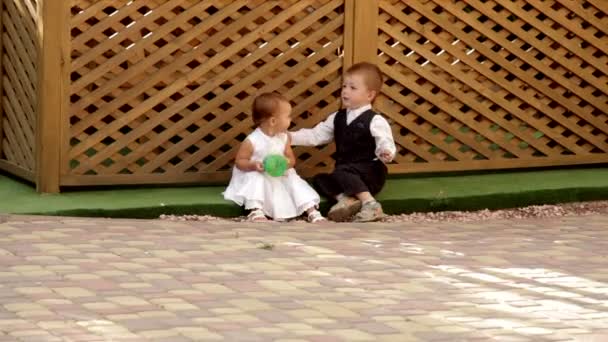 Malý chlapec a dívka hraje v trávě vedle altánu — Stock video