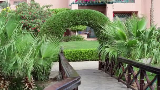 Deel van het grondgebied van het hotelgebouw met groene palm plant — Stockvideo