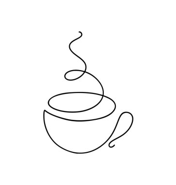 Sıcak içecek kabı çizimi soyut buharlı, minimalist tek çizgi beyaz arka plan, siyah doğrusal tasarım
