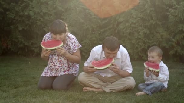 Familjens picknick i parken äta vattenmelon — Stockvideo