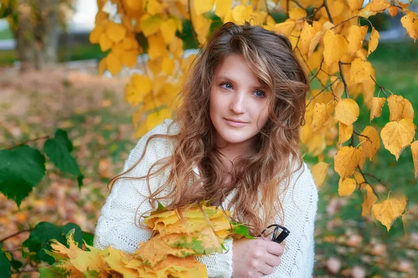 युवा सुंदर महिला धारण पिवळा पाने — स्टॉक फोटो, इमेज