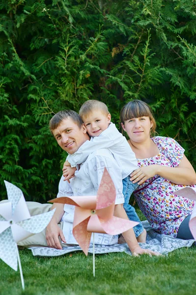 Jovem família em um piquenique no parque de verão — Fotografia de Stock