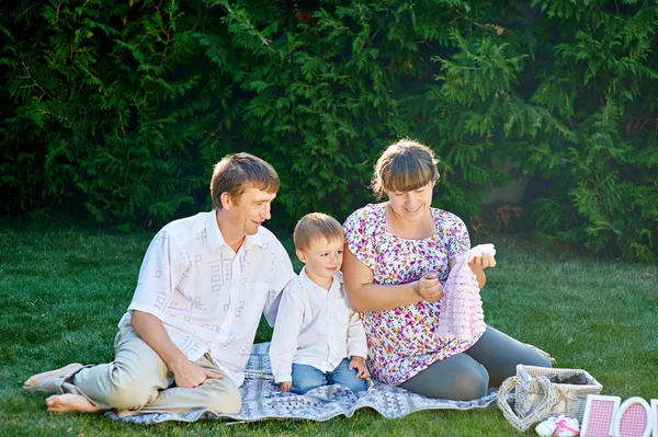Mladá rodina na piknik v parku léta — Stock fotografie