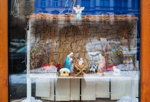 Christmas decoration Birth of Jesus on a shop window