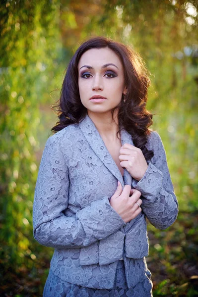 Portrait of glamour young stylish lady wearing trendy sweater — Stock Photo, Image