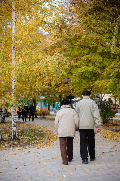 Пожилая пара гуляющая в осеннем парке — стоковое фото