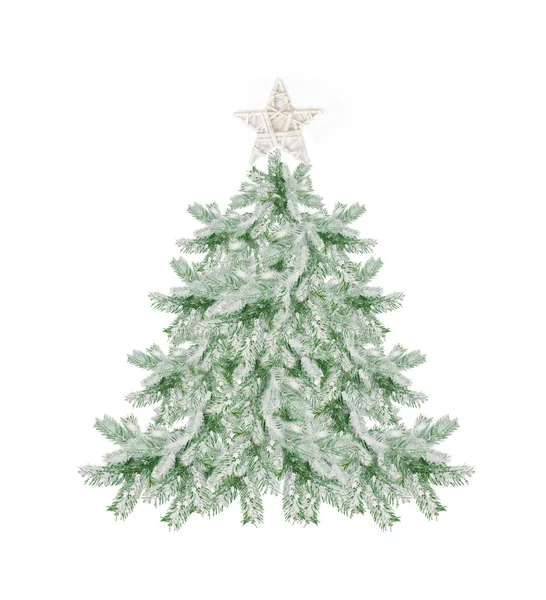 Beautiful snow-covered Christmas tree with a star isolated on white — Stock Photo, Image