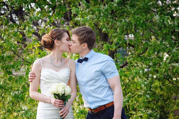 Bruid en bruidegom kussen in de lentetuin — Stockfoto