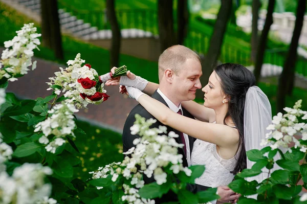 Nevěsta a ženich objímat v parku na pozadí květiny — Stock fotografie