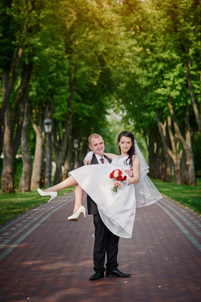 Sposo tiene la sua sposa in braccio e sorrisi di felicità nel parco estivo — Foto Stock
