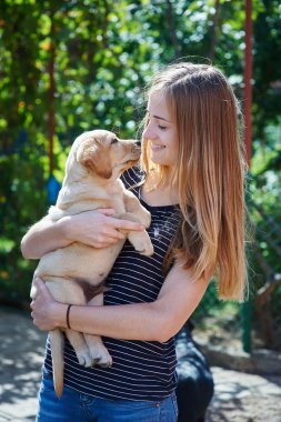 sarışın kadın beyaz bir Labrador köpek yavrusu ile oynamak