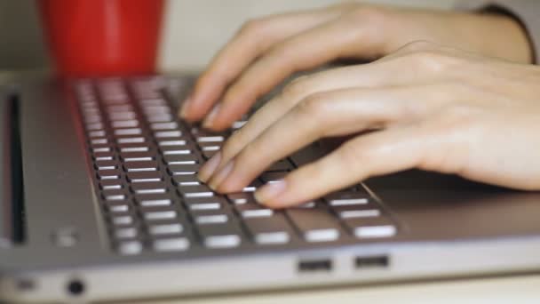 Mujer escribiendo en un ordenador portátil en la oficina — Vídeos de Stock