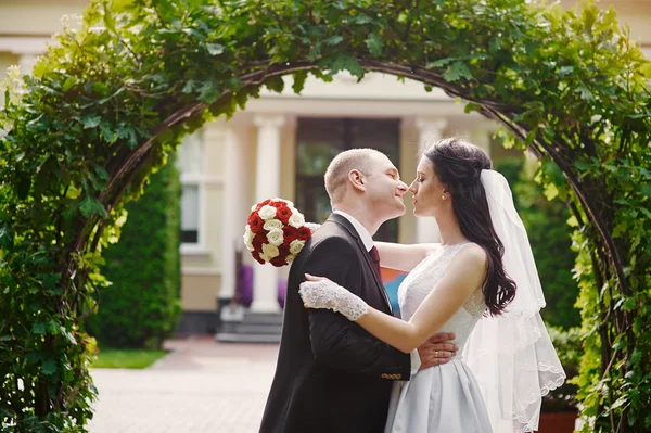 Groom kissing his bride on wedding day near arch — Stock Photo, Image