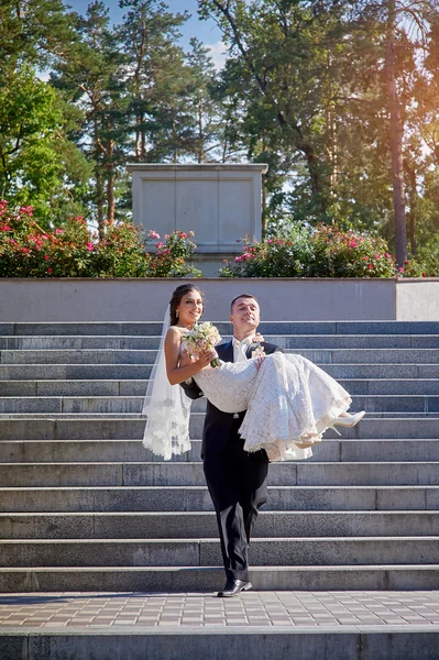 Bräutigam trägt seine Braut im Arm auf der Treppe — Stockfoto