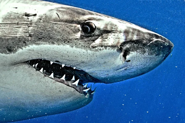 Detailní Záběr Velkého Bílého Žraloka Děsivým Pohledem — Stock fotografie