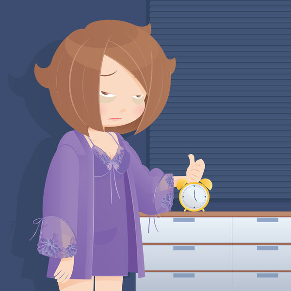 Drowsy girl waking up in the morning, cartoon, vector