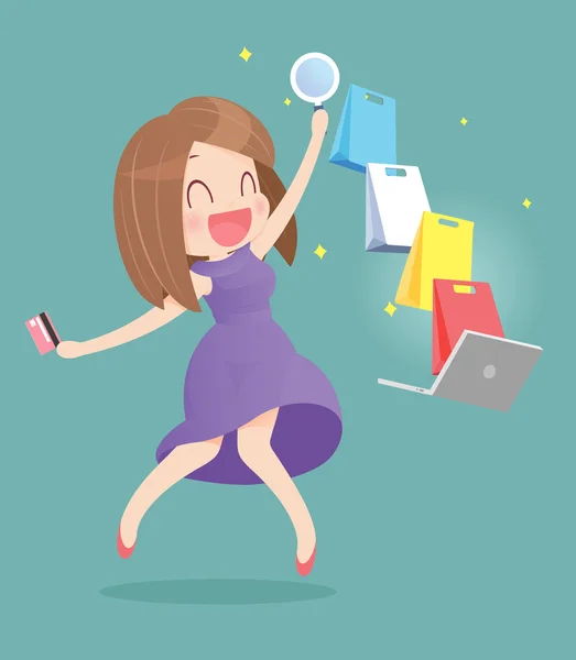 Happy woman doing online shopping — Stock Vector