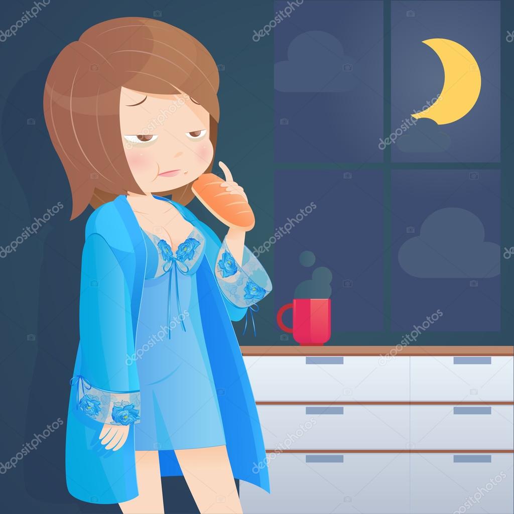 Hungry woman eating bread on kitchen at night, Cartoon, illustration Stock Vector Image by ©Tharakorn #101654064 Hungry woman eating bread on kitchen at night, Cartoon, illustration Stock Vector Image by ©Tharakorn #101654064