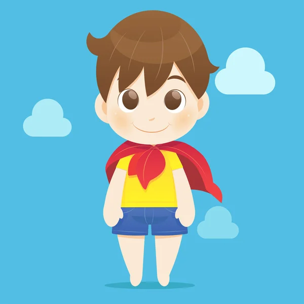 Superhéroe niño contra el fondo del cielo azul — Vector de stock