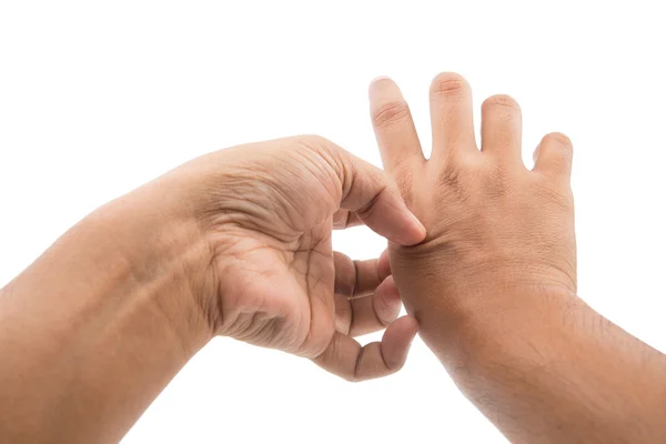 Hombre rascarse la picazón con la mano, aislar sobre fondo blanco —  Fotos de Stock