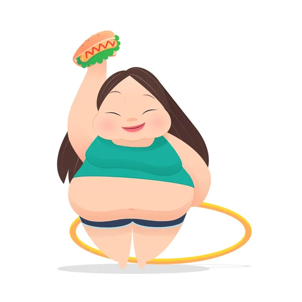 Mulher gorda com fast food nas mãos — Vetor de Stock