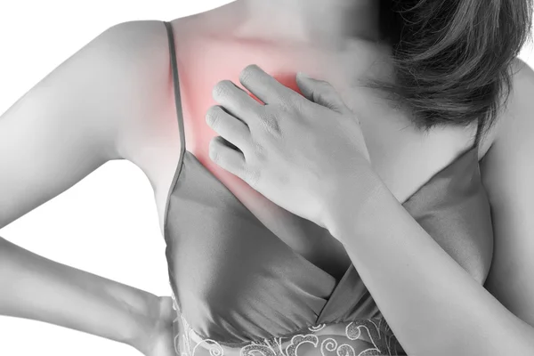 Woman scratching her itchy chest — Stock Photo, Image