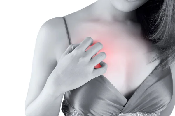 Woman scratching her itchy chest, isolate on white background — Stock Photo, Image