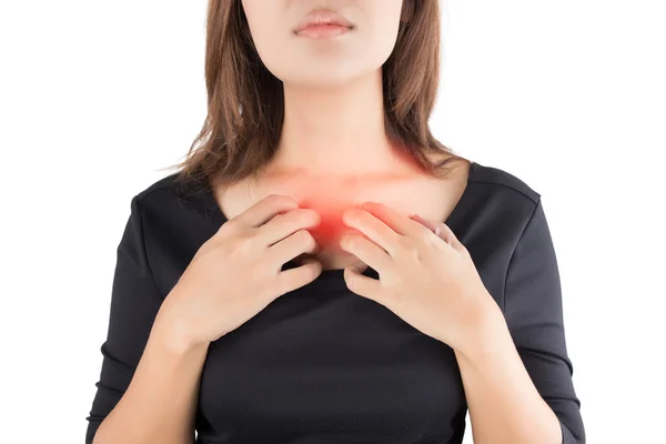 Woman scratching her itchy neck, isolate on white background — Stock Photo, Image