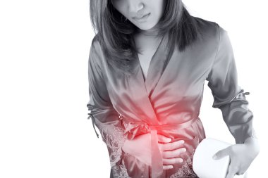 Woman having painful stomachache on white background clipart