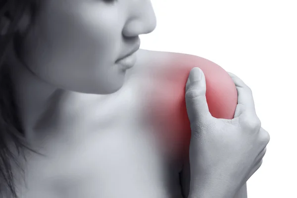 Monochrome Studio Shot Of Woman With Painful Shoulder — Stock Photo, Image