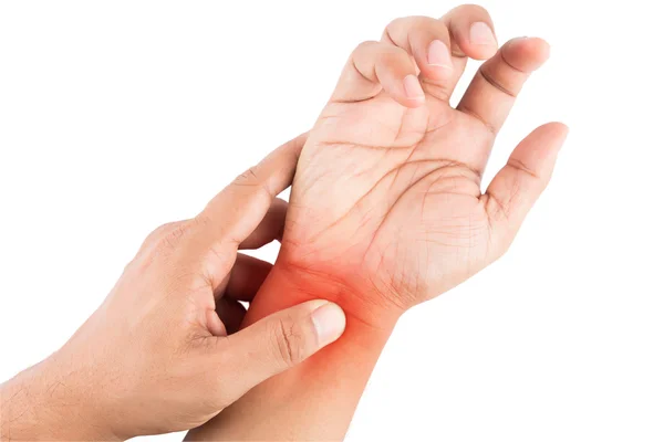 Woman massaging her painful hand on white background — Stock Photo, Image