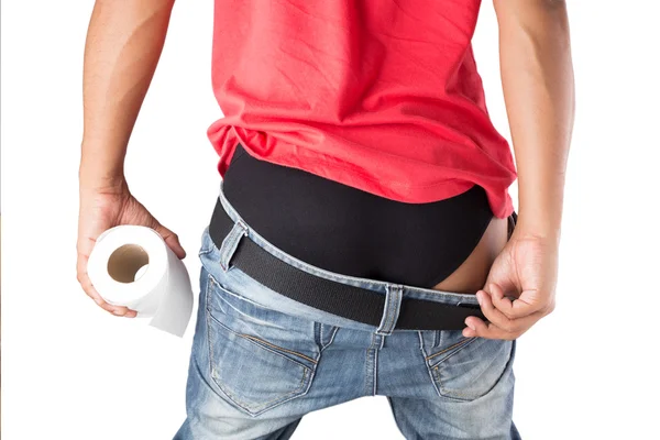 Homem tem Diarréia Segurando seu traseiro no banheiro Fundo, hemorrh — Fotografia de Stock