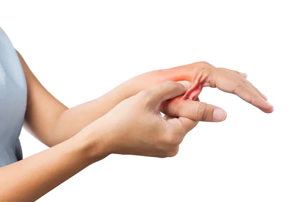 Mujer masajeando su dolorosa mano aislada sobre un fondo blanco —  Fotos de Stock