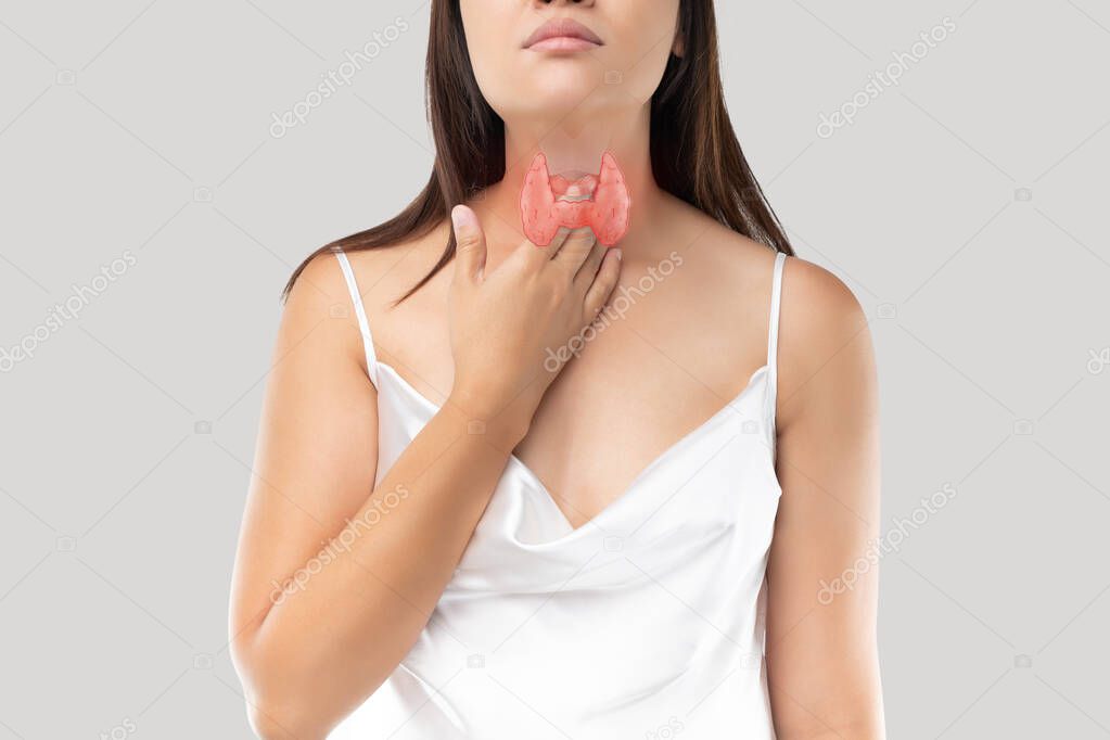 Women thyroid gland control. Sore throat of a people on gray background